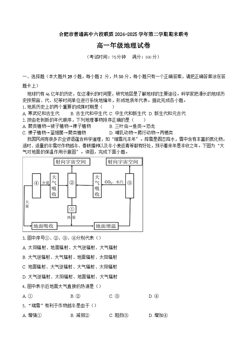 安徽省合肥市普通高中六校联盟2024-2025学年高一下学期期末联考地理试卷第1页