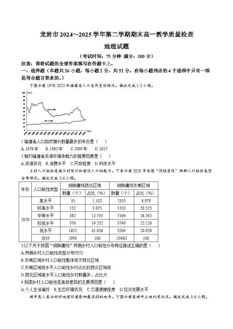 福建省龙岩市2024-2025学年高一下学期期末考试地理试卷（Word版附答案）第1页