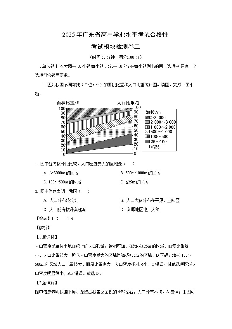 2025年广东省高中学业水平考试合格性考试模块检测卷二地理试卷（解析版）第1页