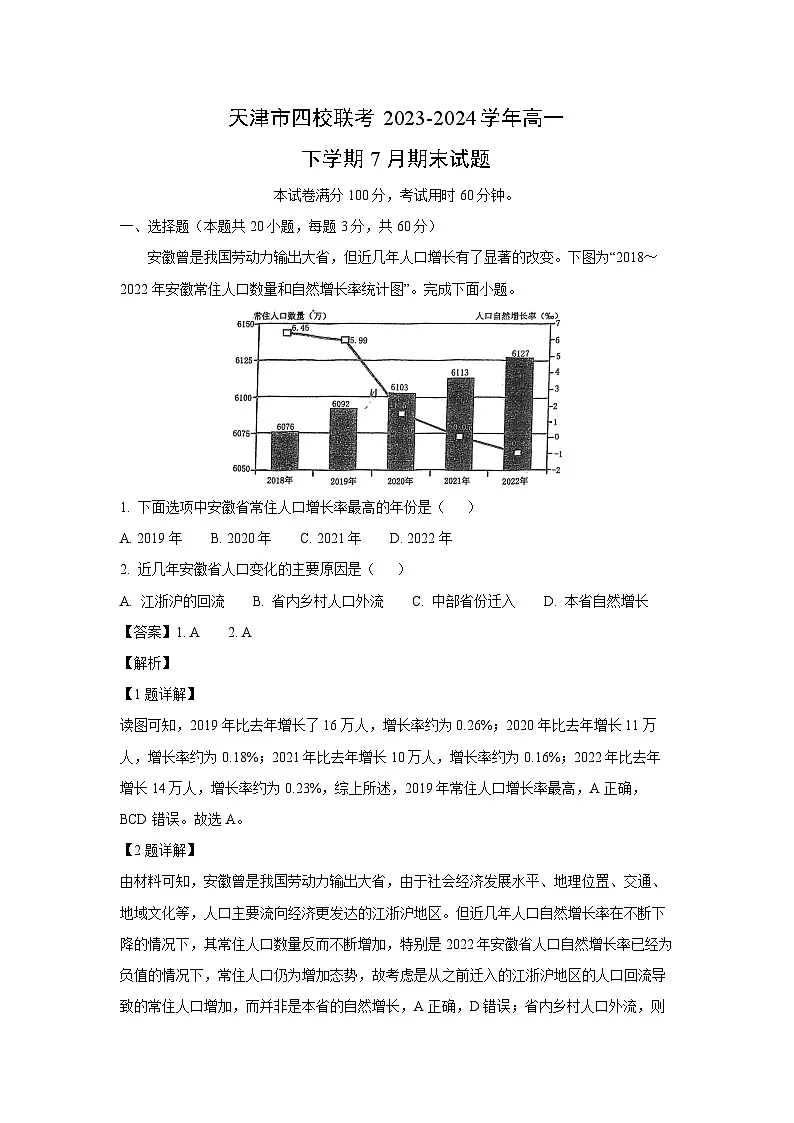 天津市四校联考2023-2024学年高一下学期7月期末真题地理试卷（解析版）第1页