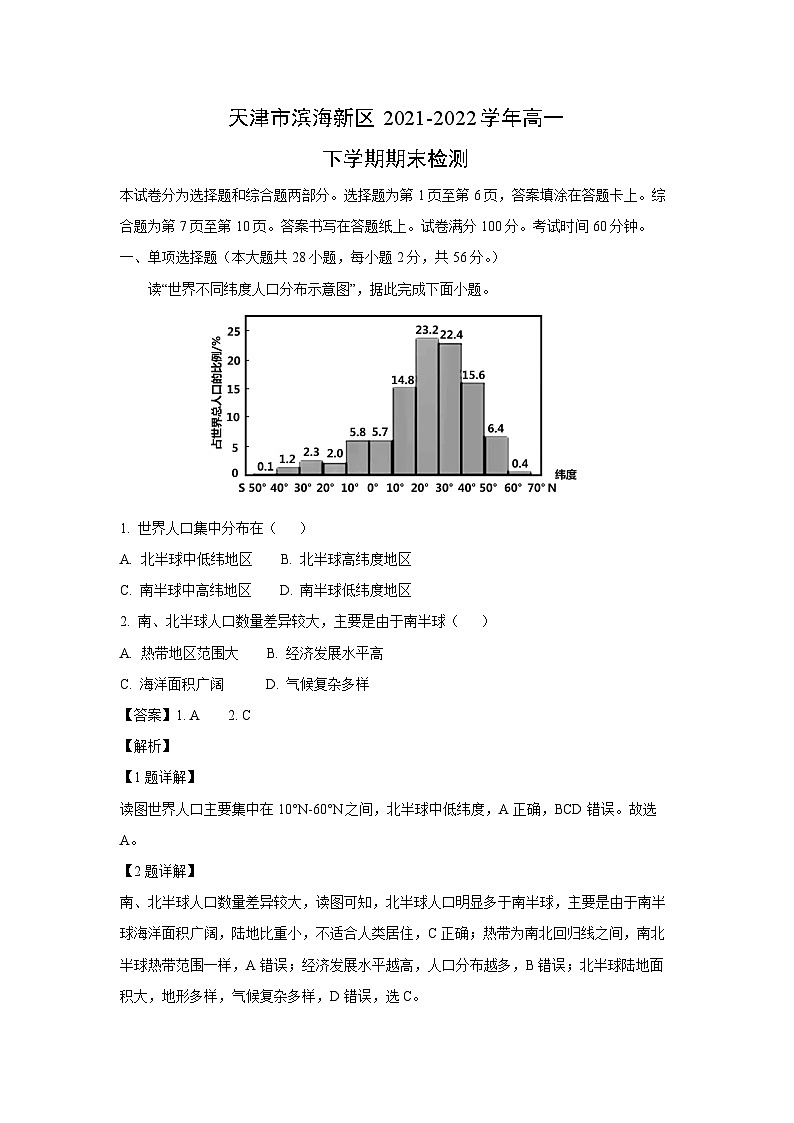 天津市滨海新区2021-2022学年高一下学期期末真题检测地理试卷（解析版）第1页