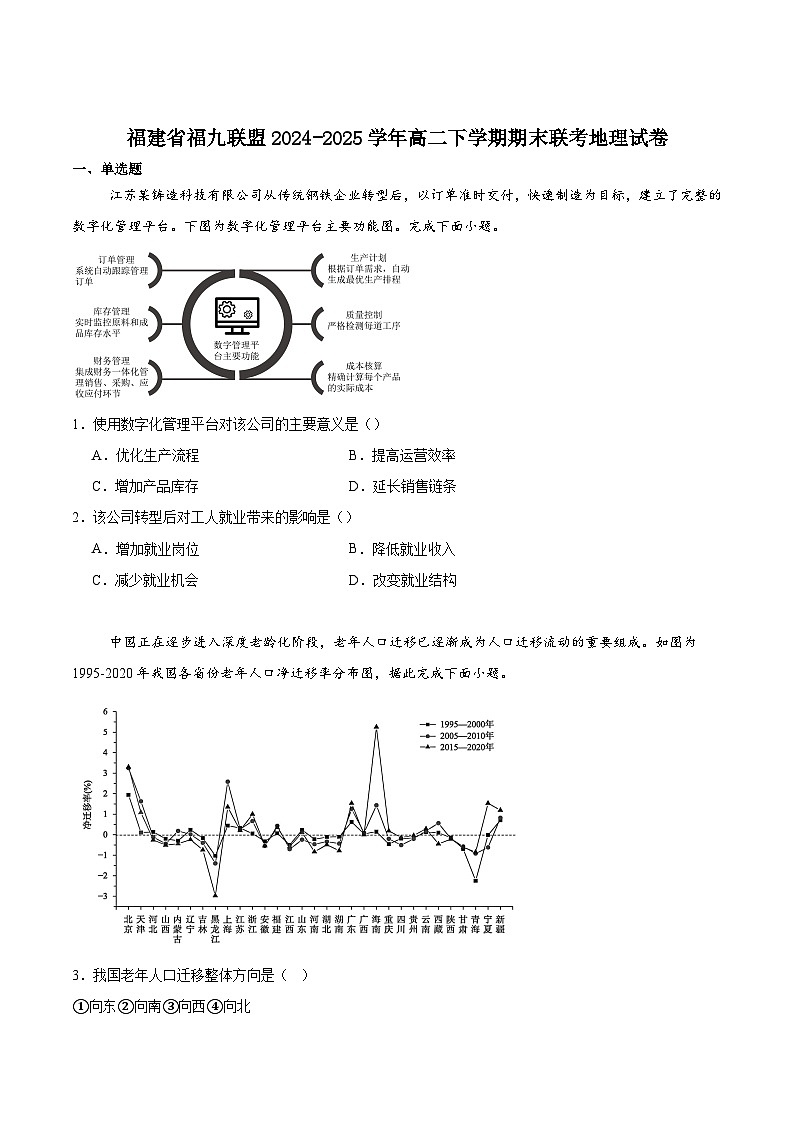 福建省福州市福九联盟2024-2025学年高二下学期期末联考地理试卷（含答案）第1页