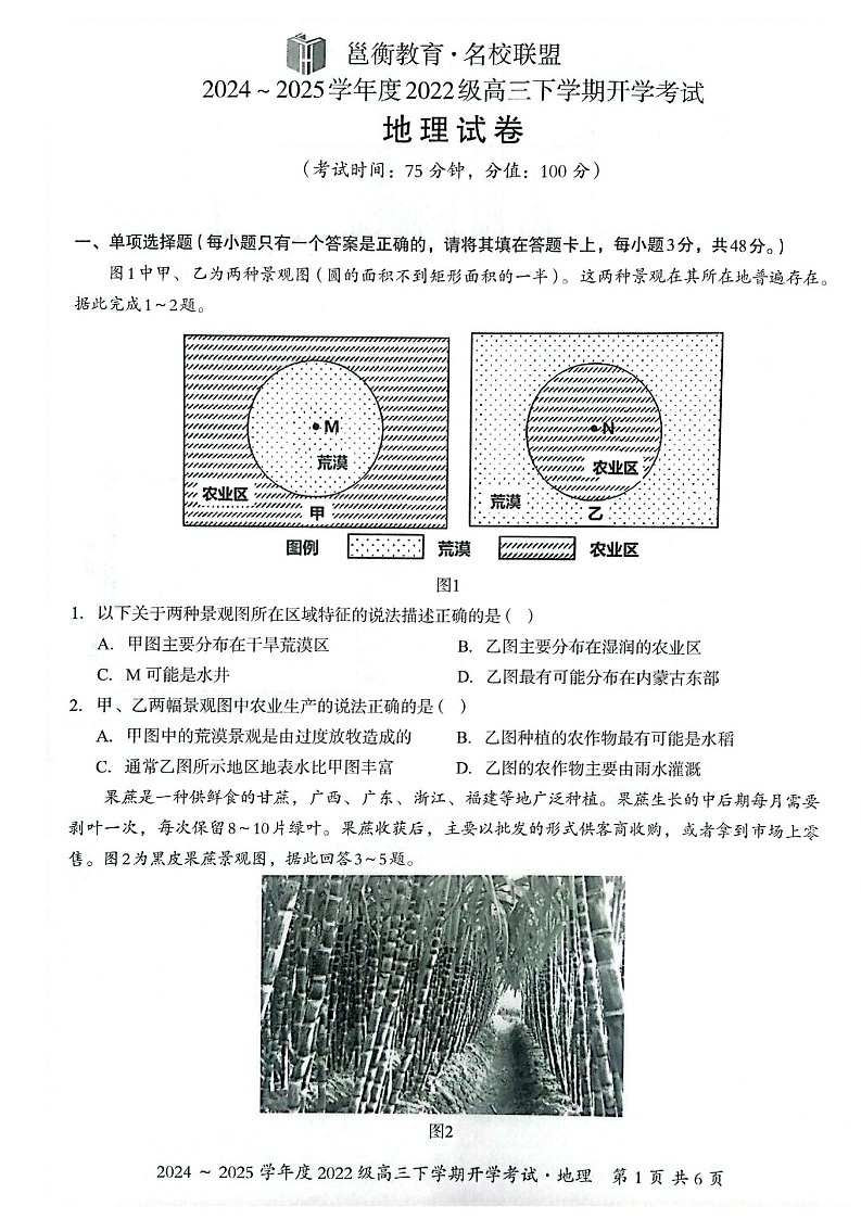 广西壮族自治区邕衡名校2025届高三下学期2月开学考-地理试卷（含答案）第1页