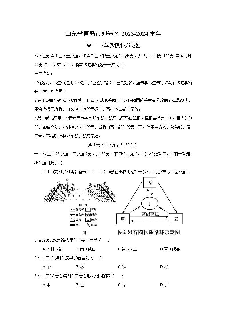山东省青岛市即墨区2023-2024学年高一下学期期末真题地理试卷（解析版）第1页