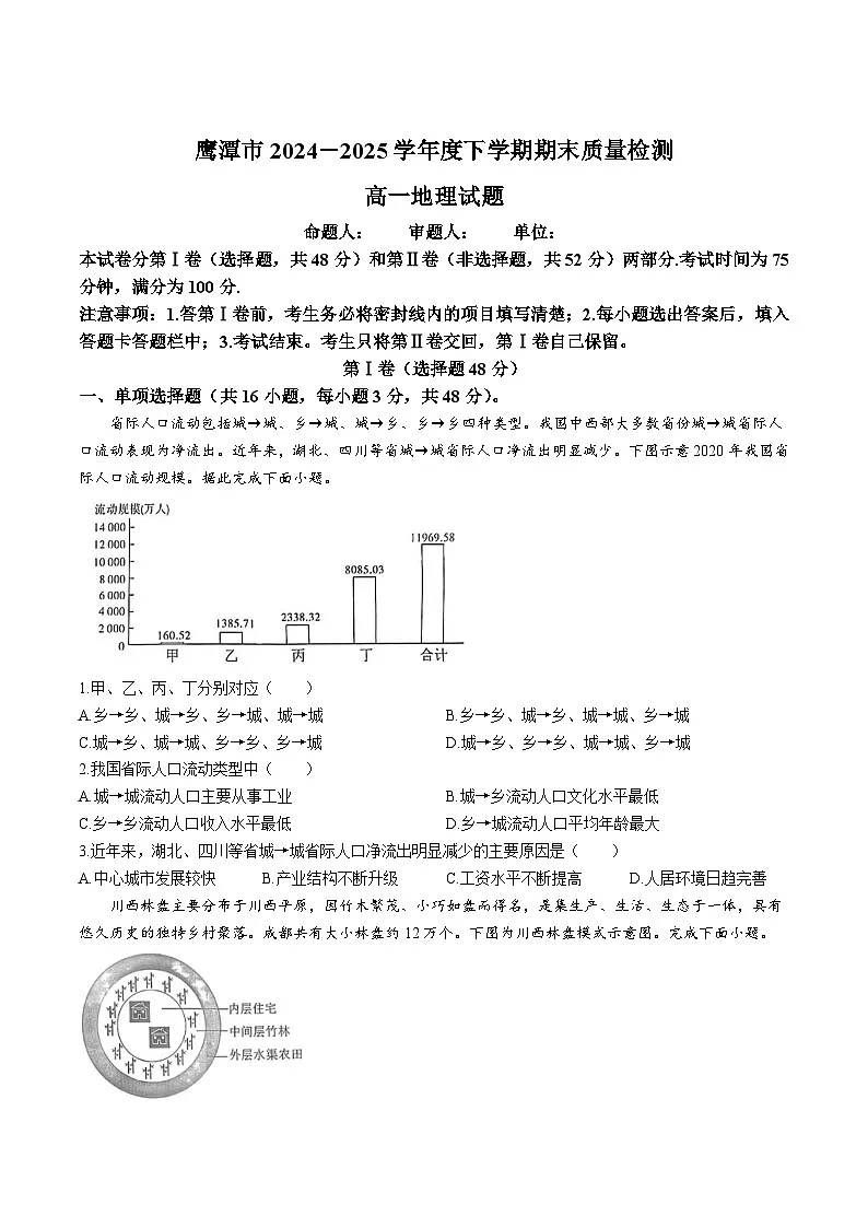 江西省鹰潭市2024-2025学年高一下学期期末质量检测地理试卷（含答案）第1页