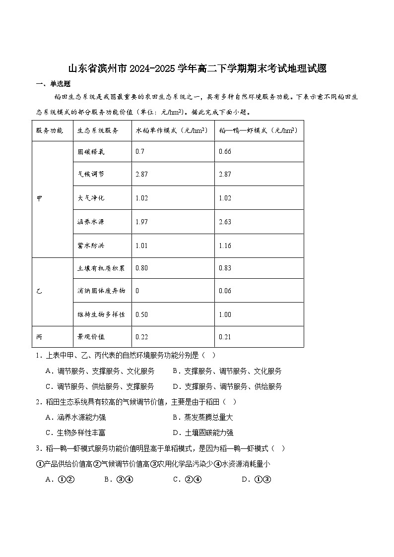山东省滨州市2024-2025学年高二下学期期末考试地理试卷（含答案）第1页
