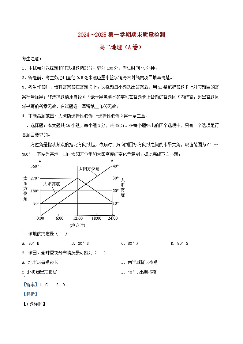 陕西省榆林市八校联考2024_2025学年高二地理上学期1月期末试题含解析第1页