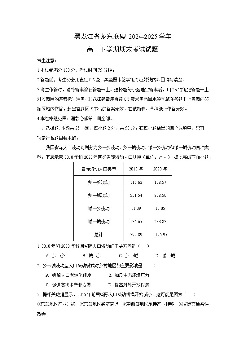 黑龙江省龙东联盟2024-2025学年高一下学期期末考试地理试卷（解析版）第1页