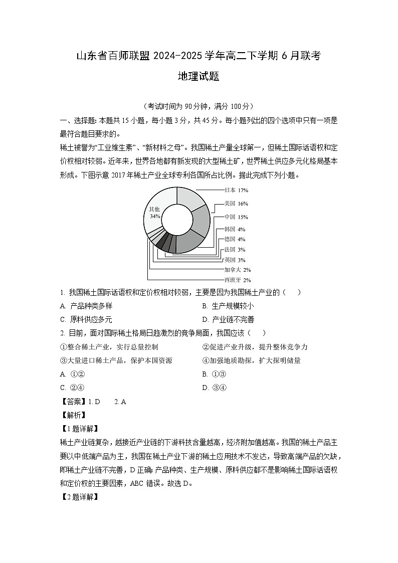 山东省百师联盟2024-2025学年高二下学期6月联考地理试卷（解析版）第1页