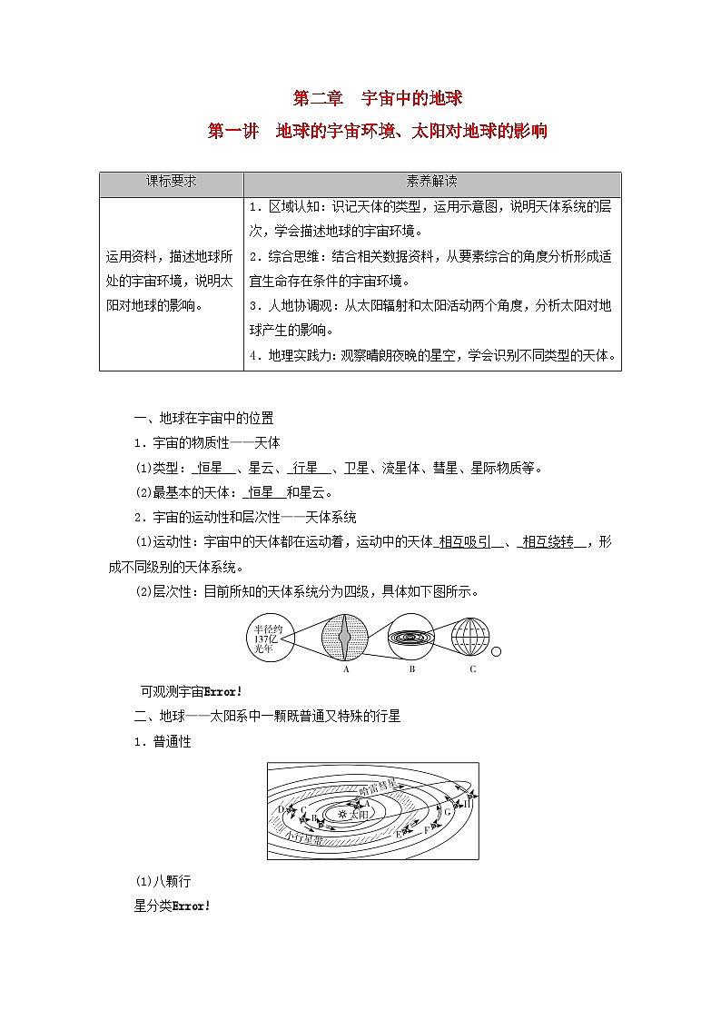 2026版高考地理一轮总复习夯实基础训练题第二章宇宙中的地球第一讲地球的宇宙环境太阳对地球的影响第1页