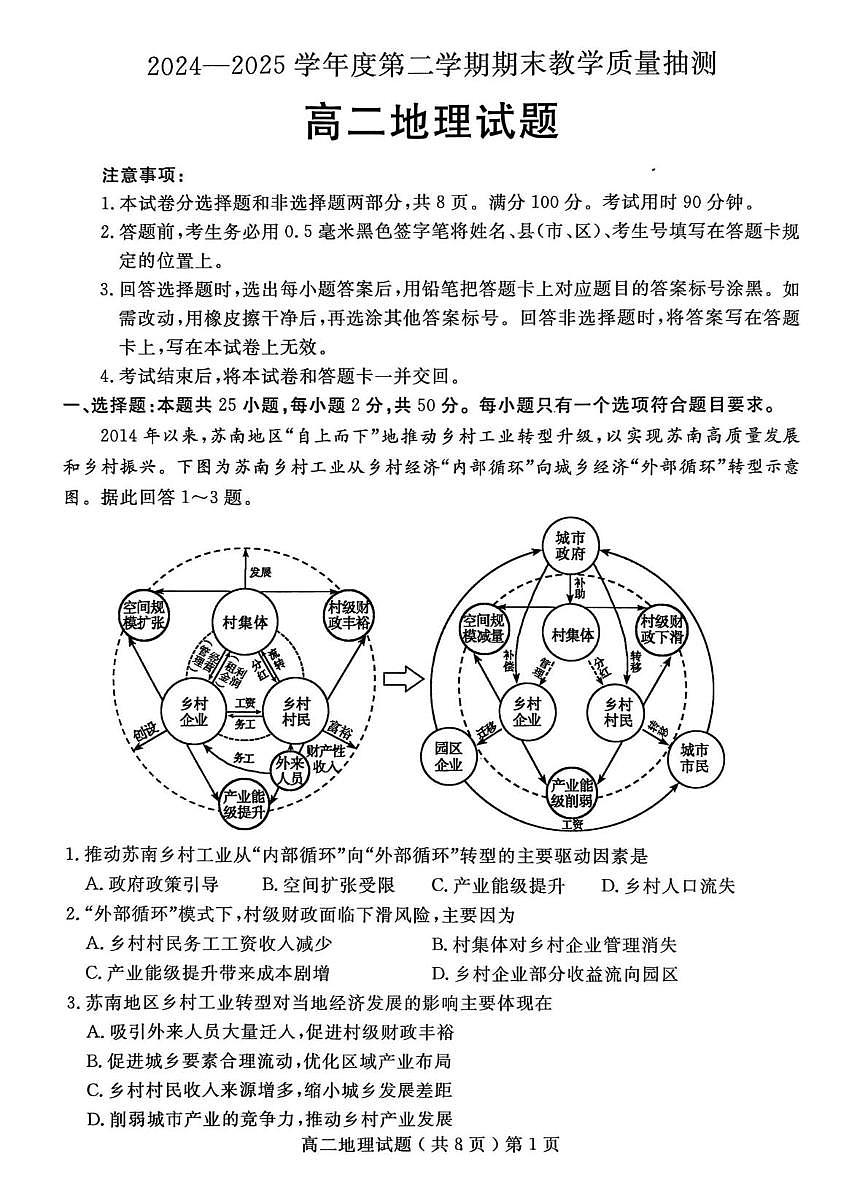 山东省聊城市2024-2025学年高二下学期期末考试 地理 PDF版含答案第1页