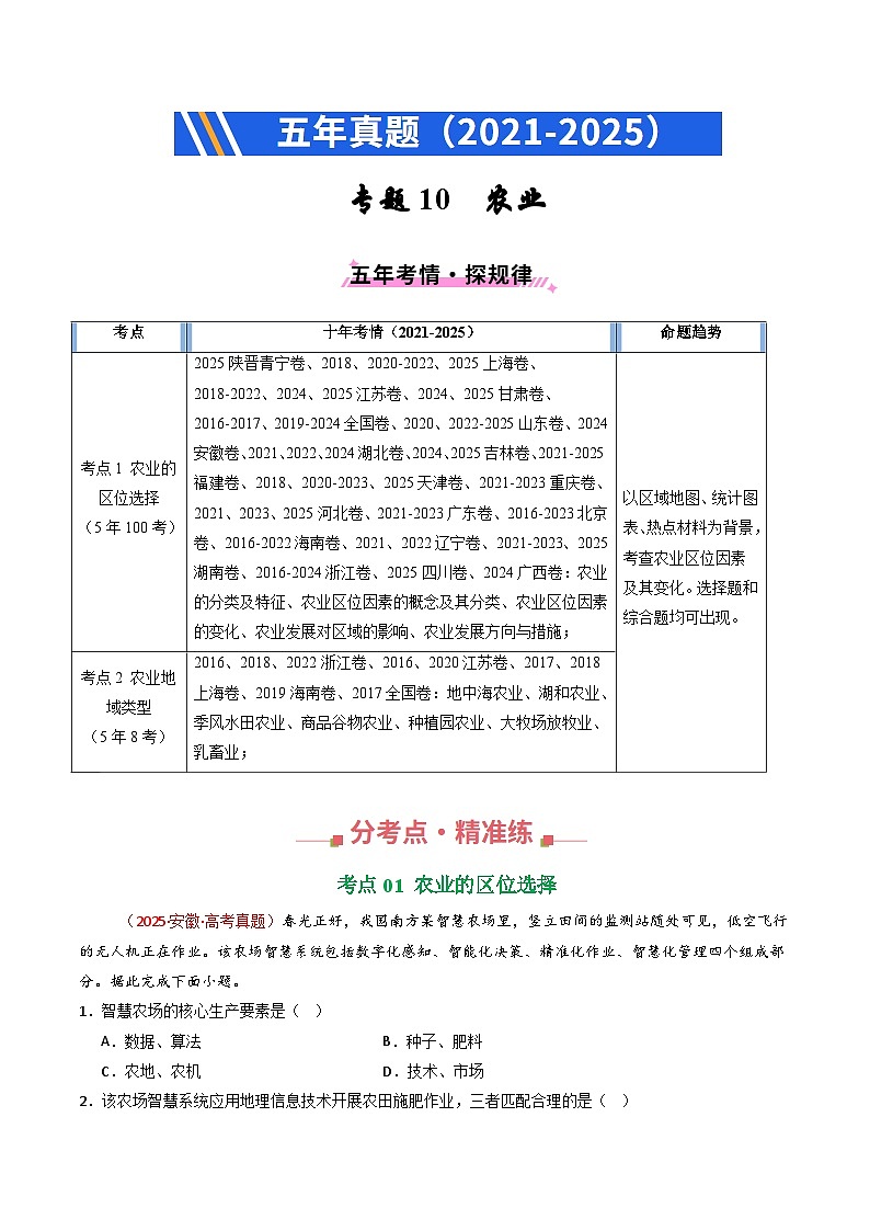 备战2026年高考精品试题汇编 地理 专题10 农业 Word版含解析第1页