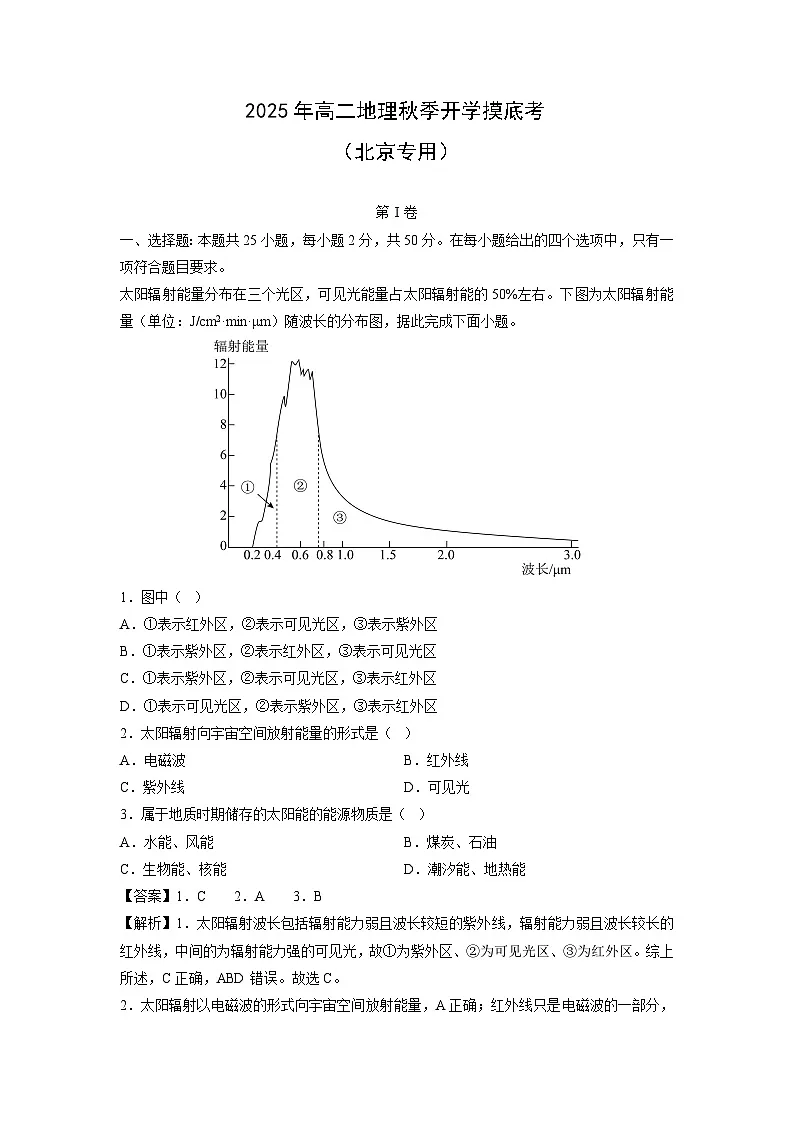 2025年高二秋季开学摸底考（北京专用）地理试卷（解析版）第1页