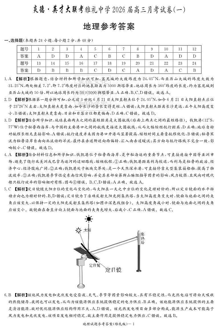 炎德·英才大联考雅礼中学2026届高三月考试卷（一）地理答案第1页