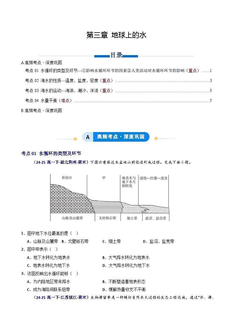 人教版高一地理必修一第三章 地球上的水（专项训练）（学生版）第1页