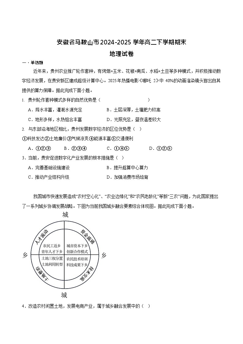 安徽省马鞍山市2024-2025学年高二下学期期末考试 地理试卷第1页