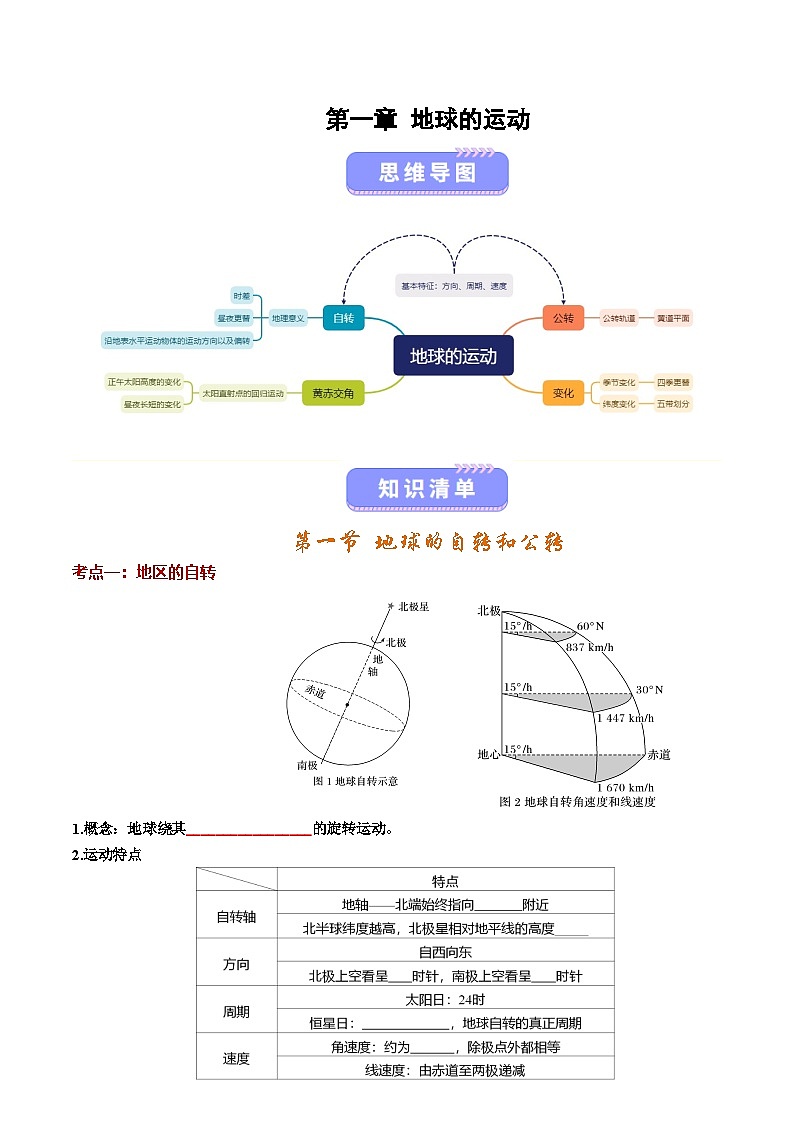 人教版2019选择性必修一第一章 地球的运动（知识清单）（挖空版）第1页