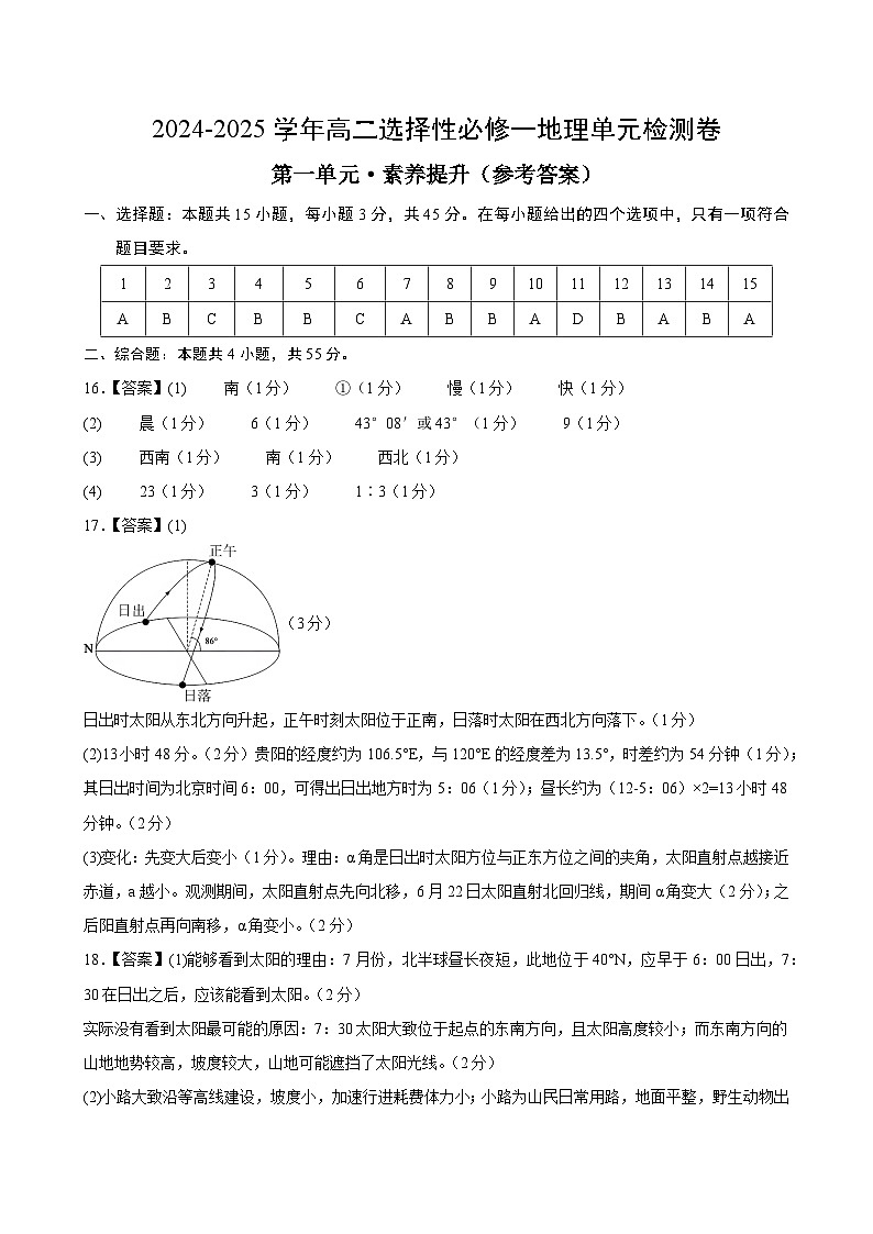 人教版2019选择性必修1地理第一章测试·提升卷（答案及评分标准）第1页