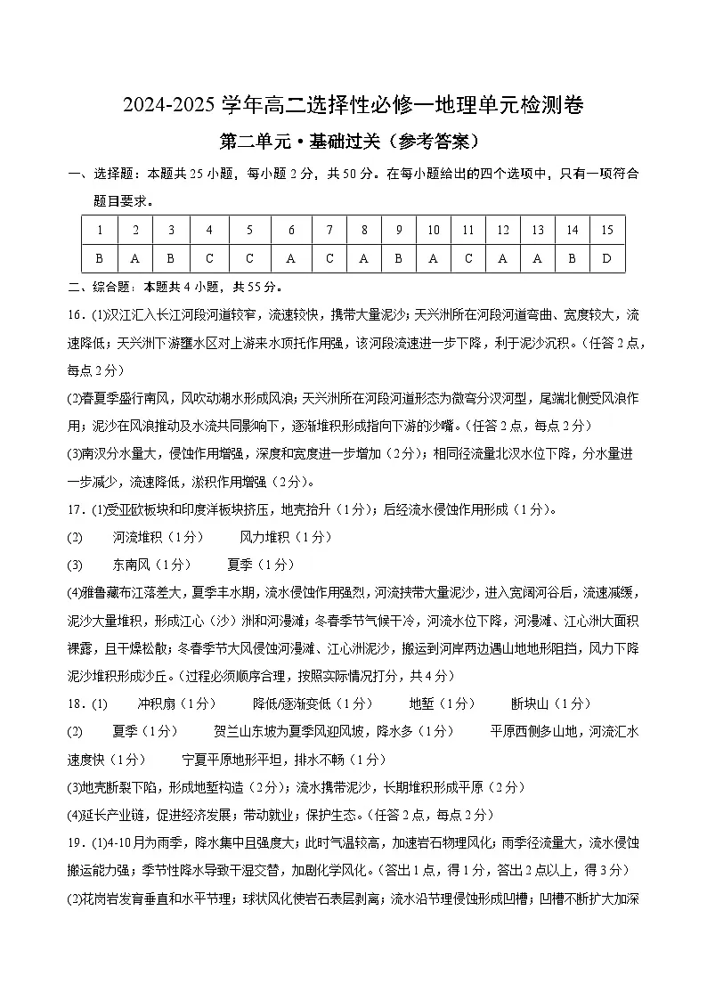 人教版2019选择性必修1地理第二章测试·基础卷（答案及评分标准）第1页