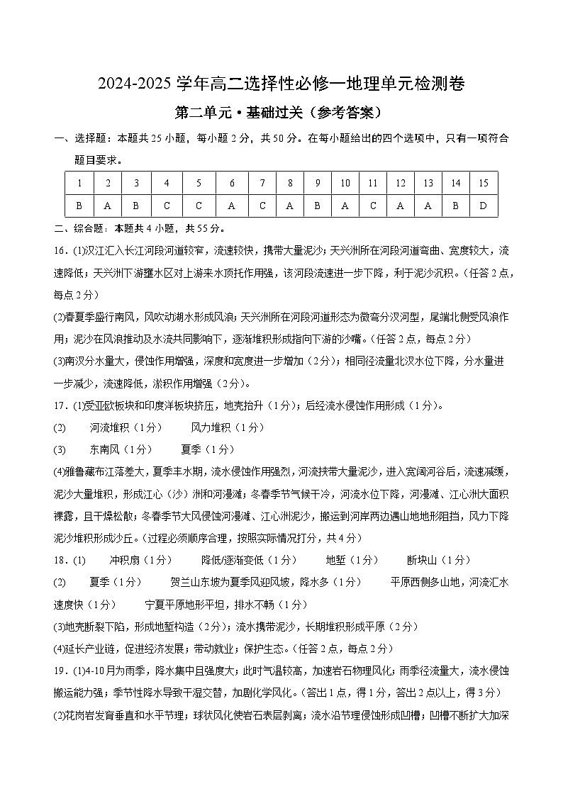 人教版2019选择性必修1地理第二章测试·基础卷（答案及评分标准）第1页