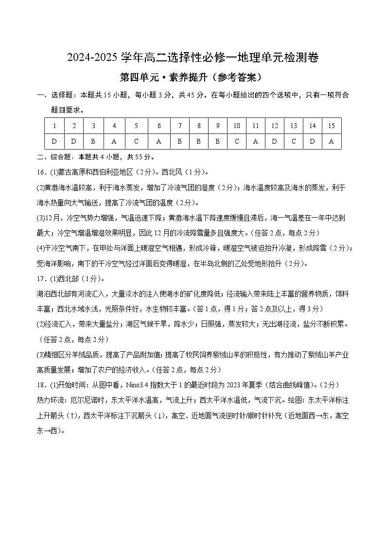 人教版2019选择性必修1地理第四章测试·提升卷（答案及评分标准）第1页