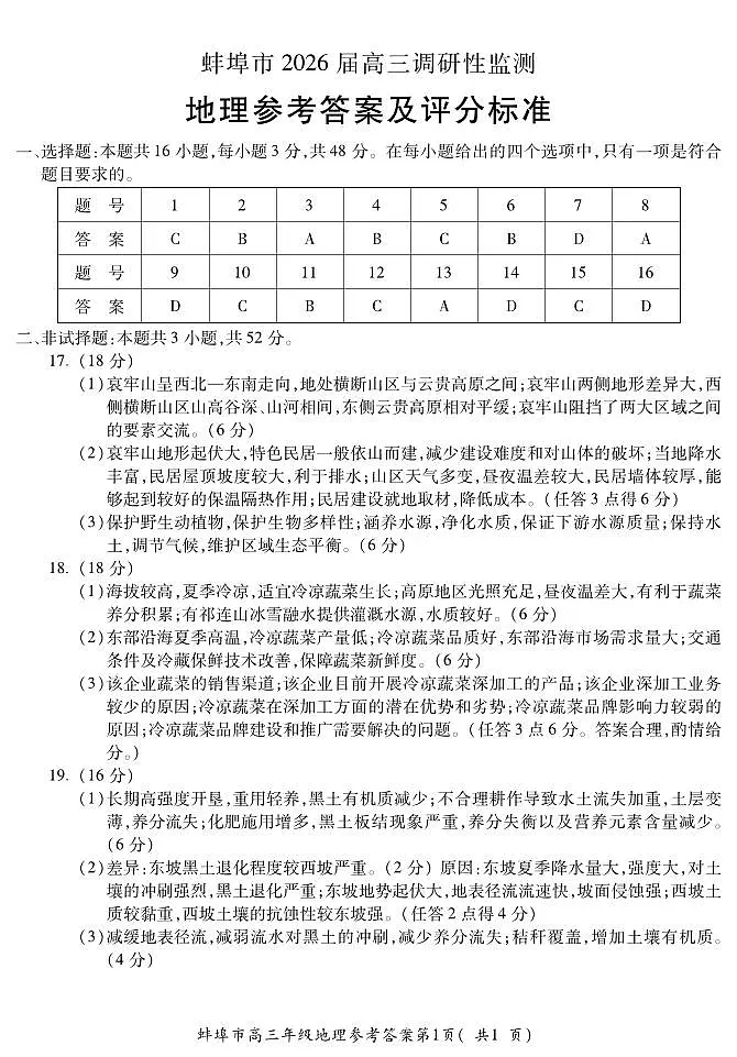 【地理DA】安徽省蚌埠市2025-2026学年高三上学期调研性监测第1页