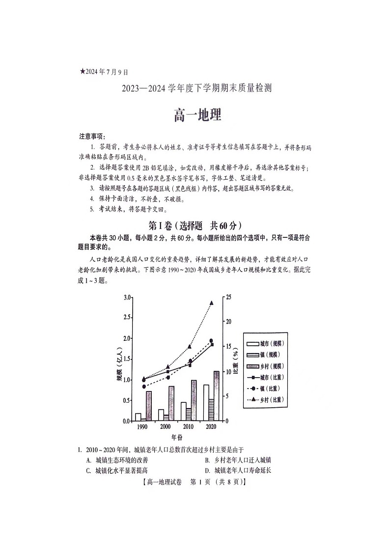 河南省三门峡市2023-2024学年度下学期期末质量检测高一地理试题第1页