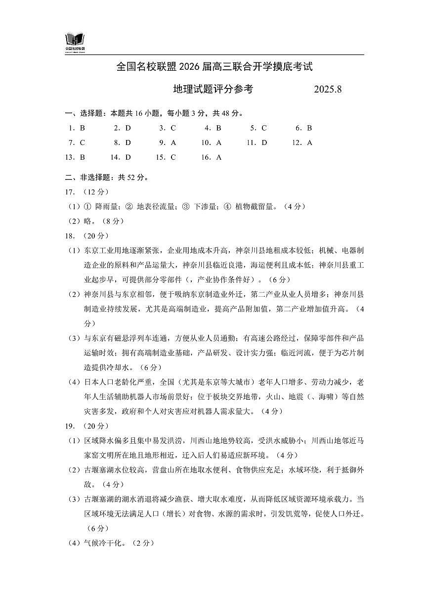 全国名校联盟2026届高三开学摸底考试 地理答案第1页