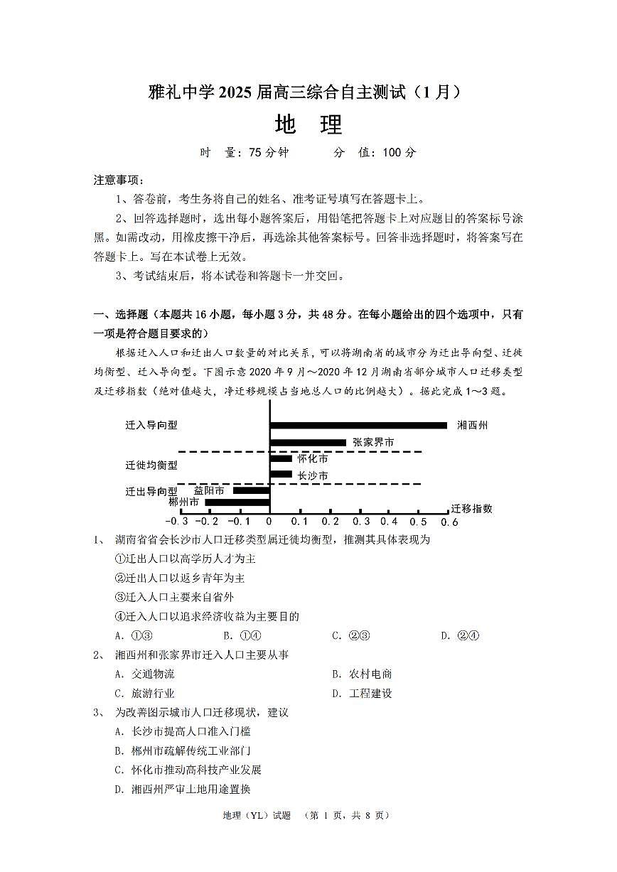 湖南省长沙市雅礼中学2024-2025学年高三上学期1月综合自主测试（期末）地理试卷+答案第1页