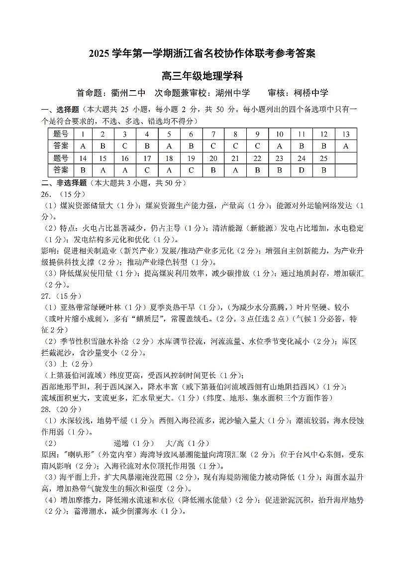 G12名校协作体2025学年第一学期高三9月暑假返校考 地理答案第1页