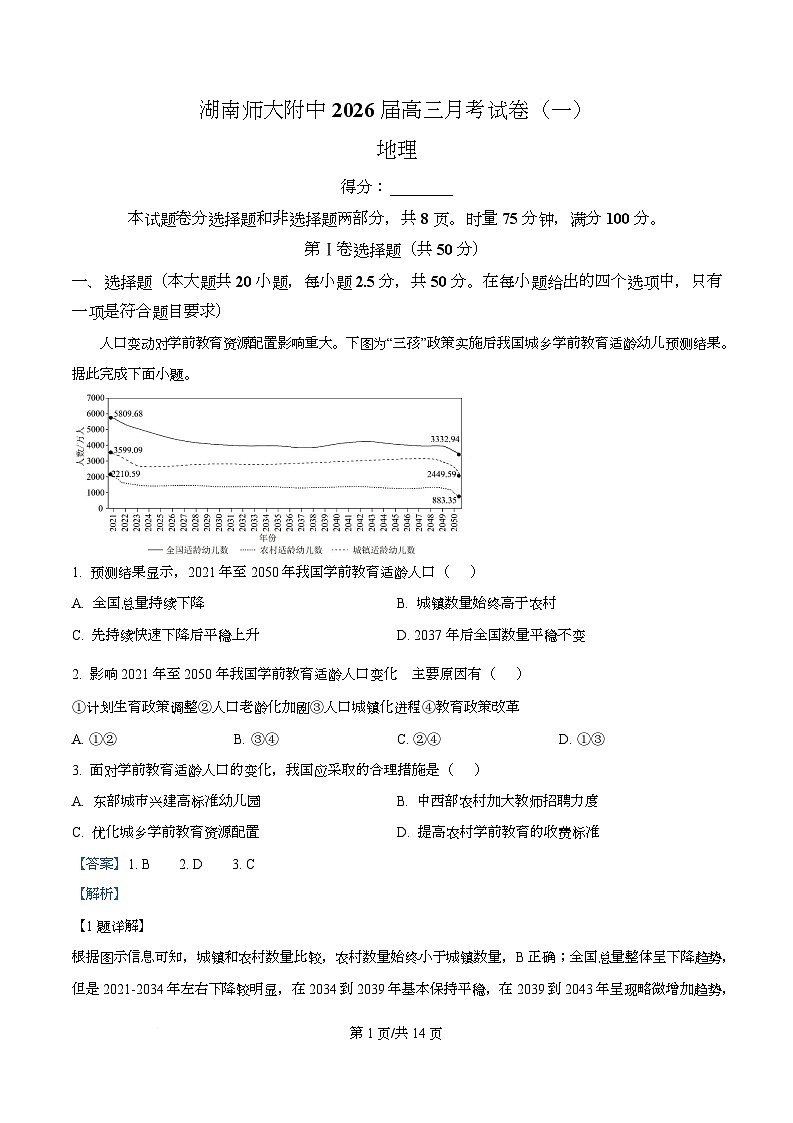 湖南省长沙市师大附中2026届高三上学期第一次月考地理试题 Word版含解析第1页