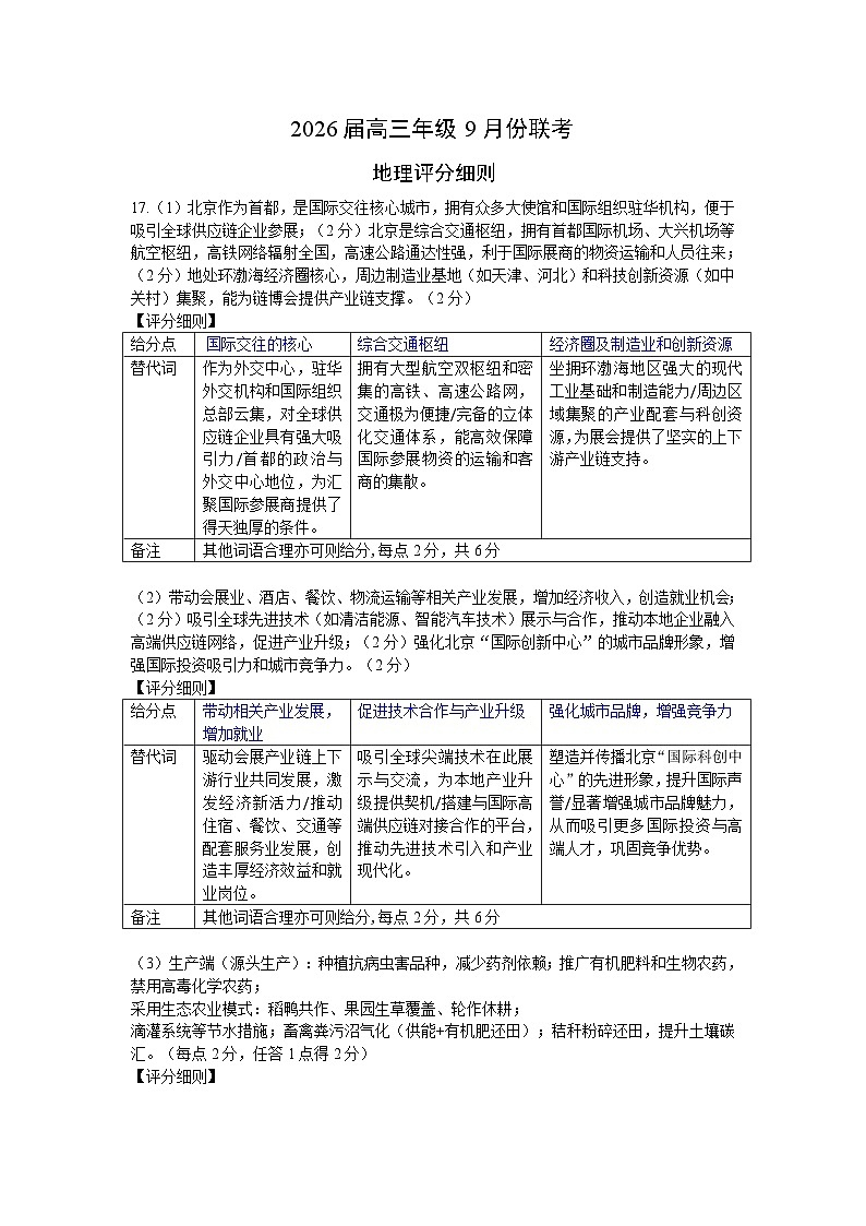 2026届高三年级9月份联考 地理评分细则第1页