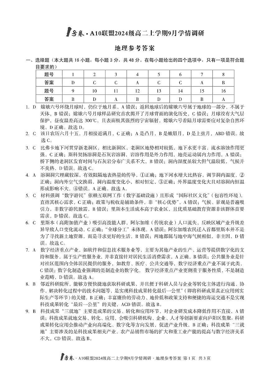 1号卷·A10联盟2024级高二上学期9月学情调研 地理答案第1页