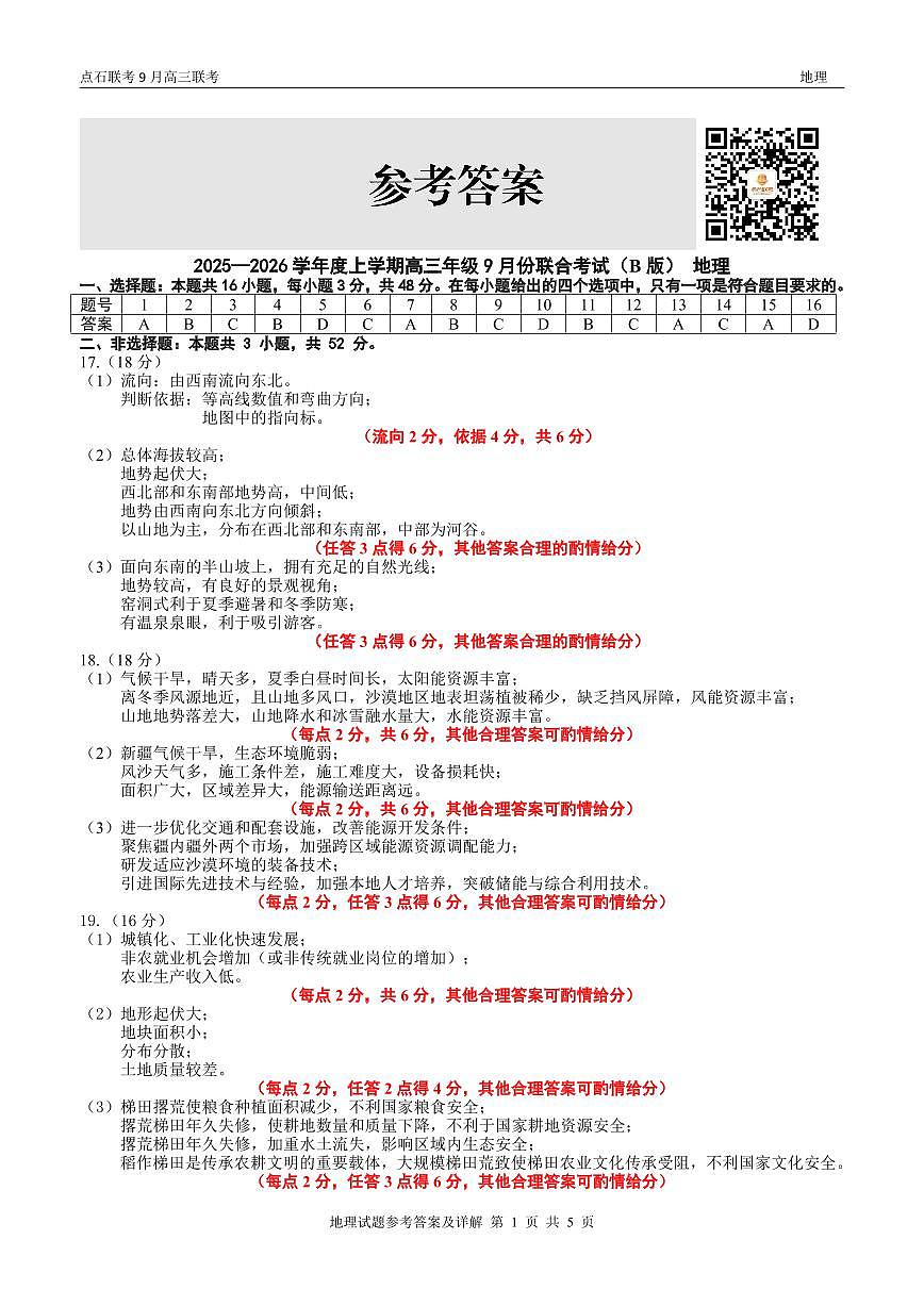 点石联考2025-2026学年度上学期高三年级9月份联合考试 地理（B版）答案第1页