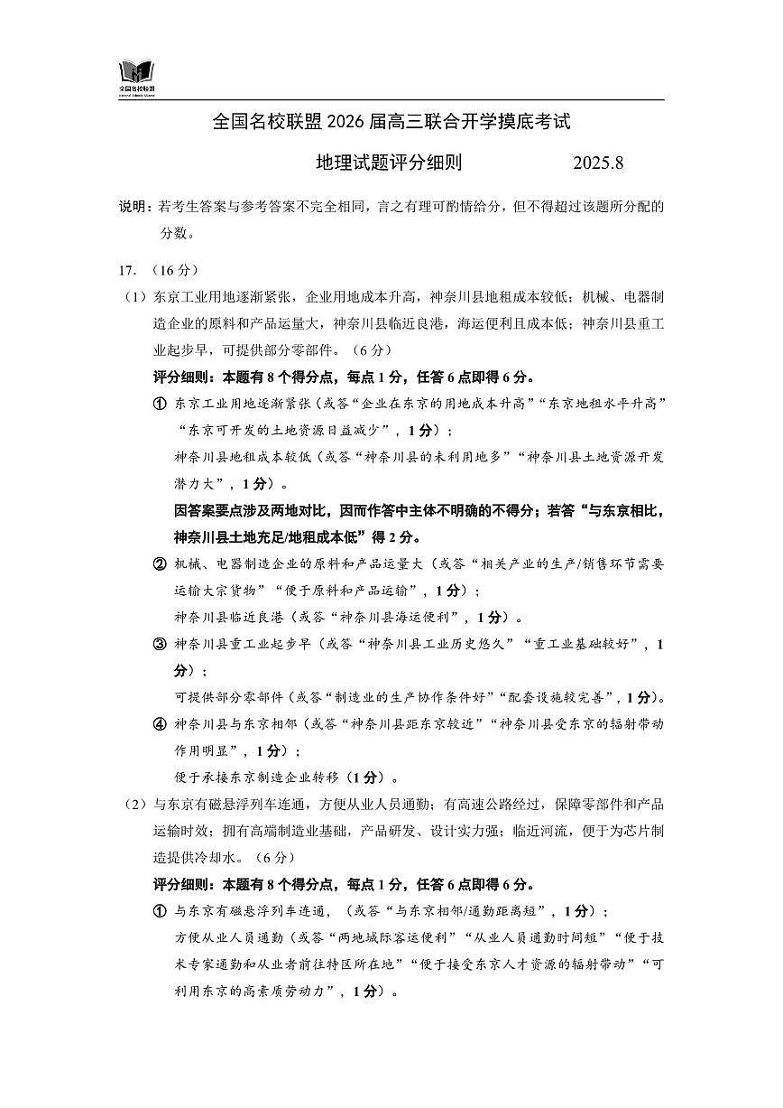 N地理试题评分细则：全国名校联盟2026届高三开学模拟考第1页