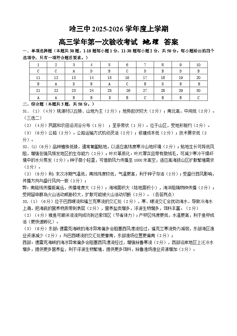 哈三中2025-2026学年度上学期高三学年第一次验收考试+地理答案第1页