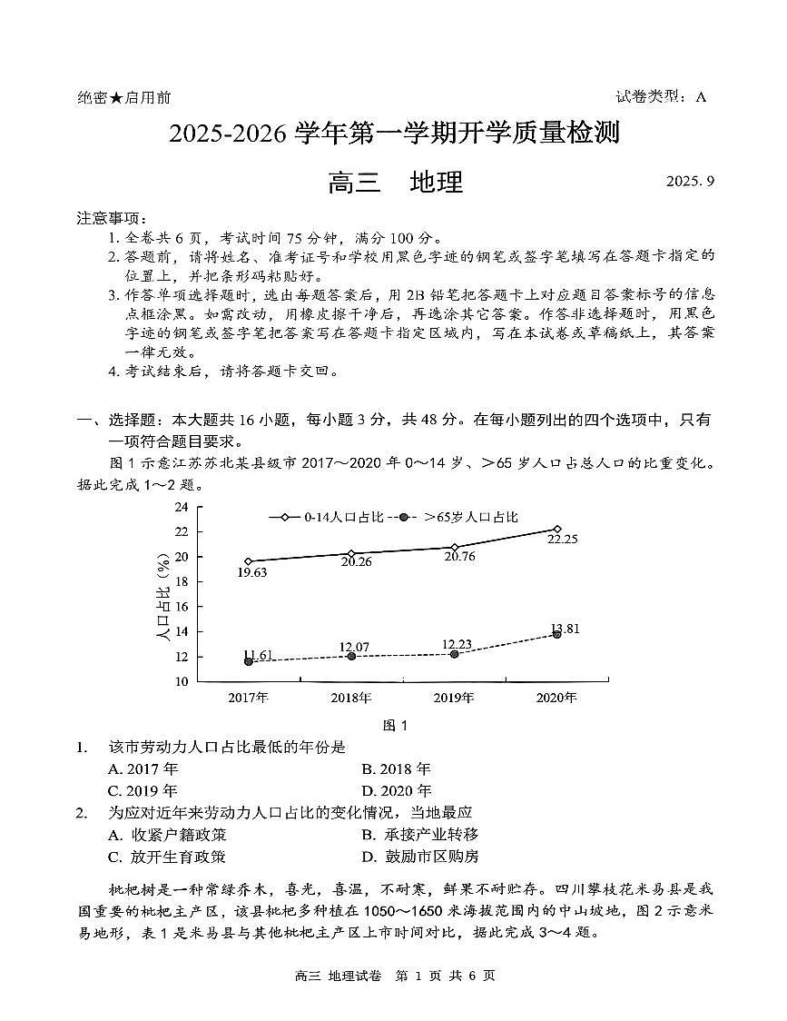 广东省深圳市罗湖区2026届高三上学期9月开学质量检测地理试题+答案第1页