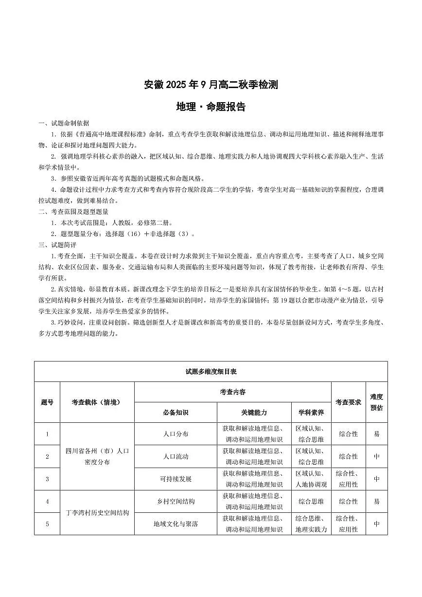 地理安徽高二9月秋季检测命题报告第1页