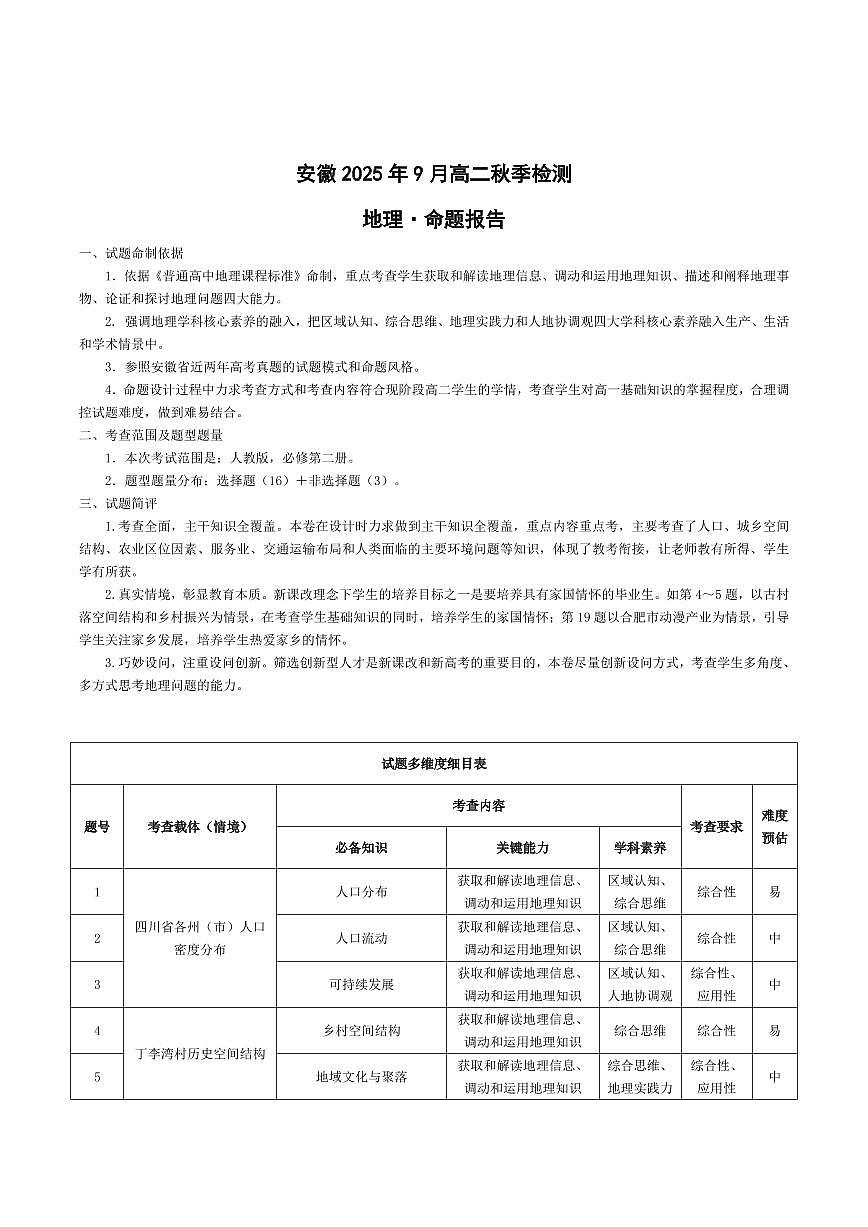 地理安徽高二9月秋季检测命题报告第1页