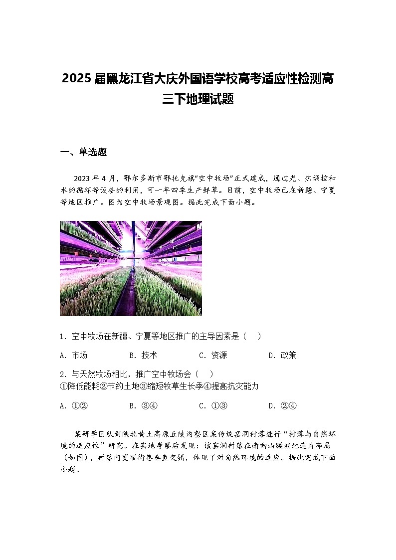 2025届黑龙江省大庆外国语学校高考适应性检测高三下地理试题（含答案解析）第1页