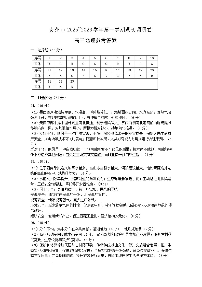 高三地理参考答案第1页