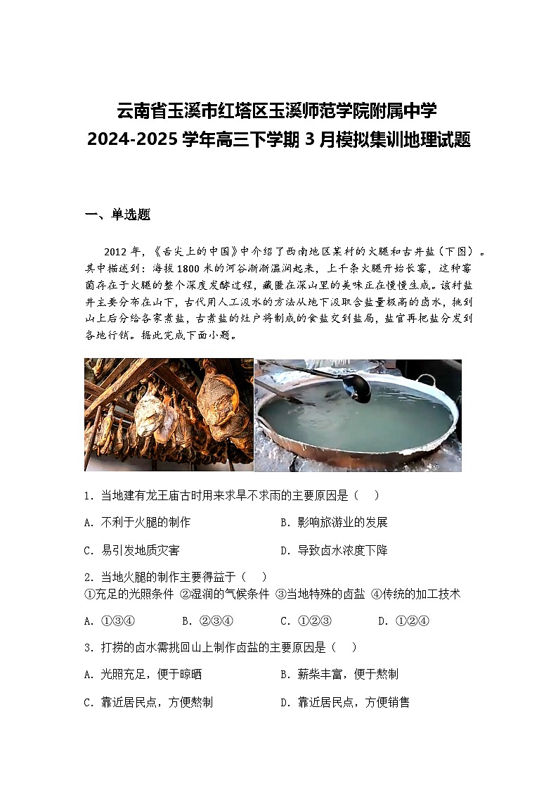 云南省玉溪市红塔区玉溪师范学院附属中学2024-2025学年高三下学期3月模拟集训地理试题（含答案解析）第1页