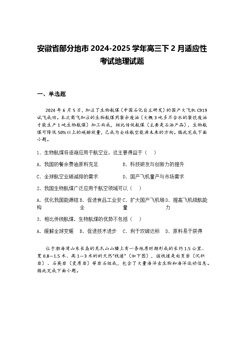 安徽省部分地市2024-2025学年高三下2月适应性考试地理试题（含答案解析）第1页