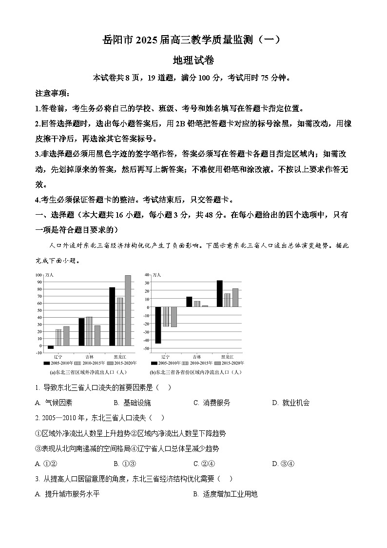 湖南省岳阳市2024-2025学年高三上学期教学质量监测（一）地理试题 Word版含解析第1页