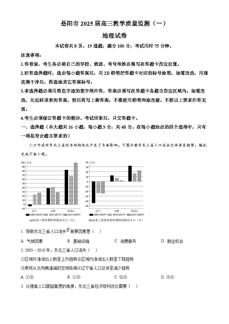 湖南省岳阳市2024-2025学年高三上学期教学质量监测（一）地理试题（原卷版）第1页
