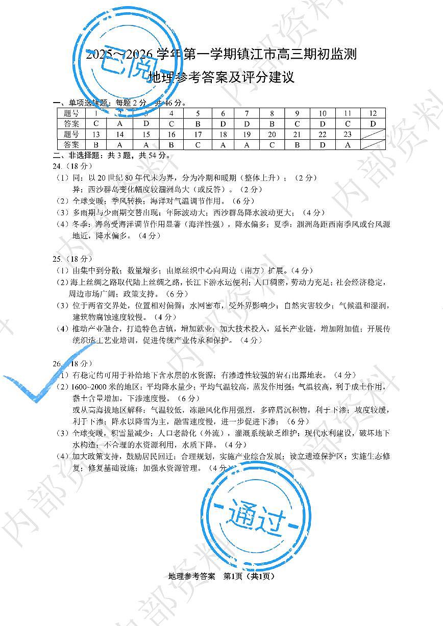 镇江市2025~2026学年第一学期高三期初监测地理答案第1页