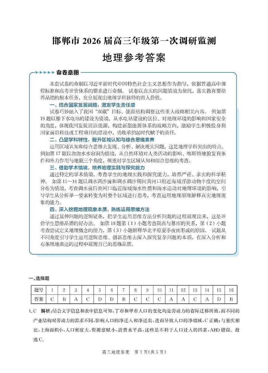 邯郸市2026届高三年级第一次调研监测地理试卷 地理答案-2026届高三年级第一次调研监测第1页