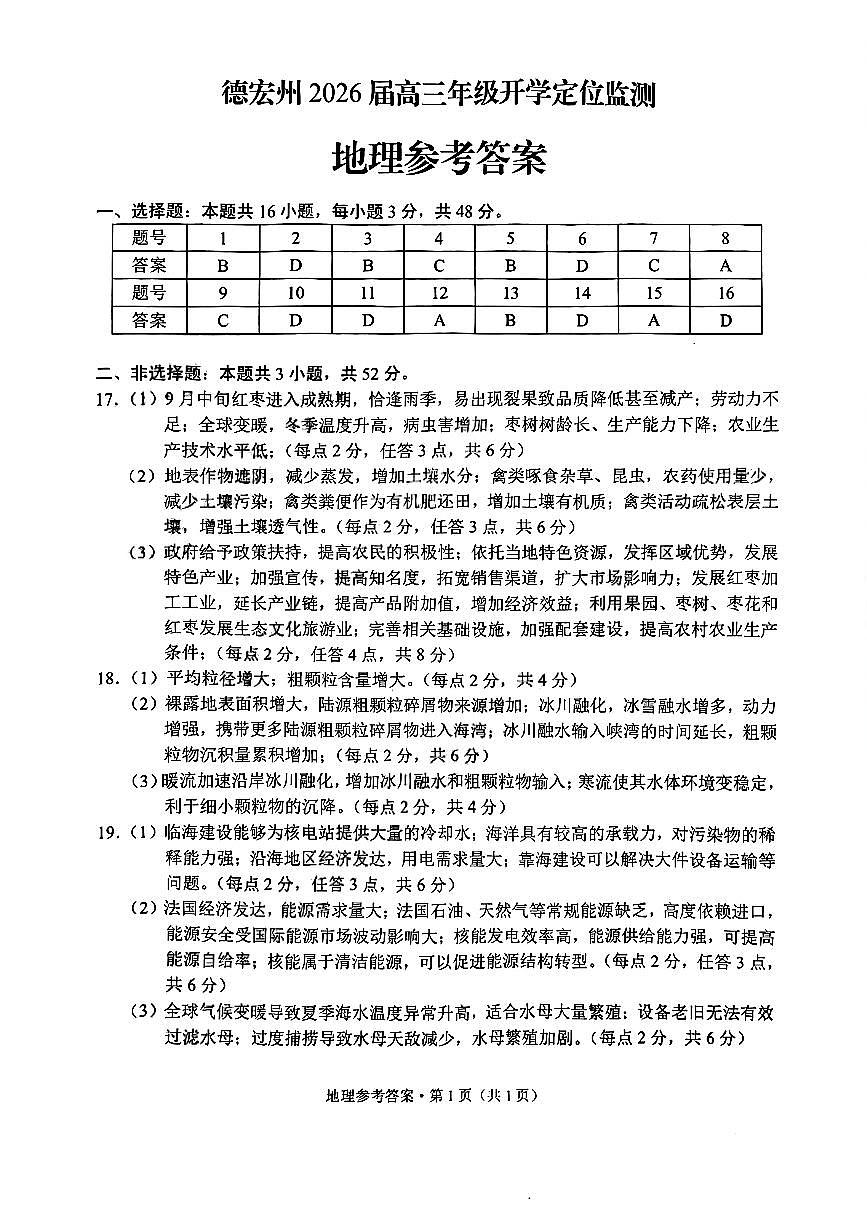德宏州2026届高三年级开学定位监测 地理答案第1页