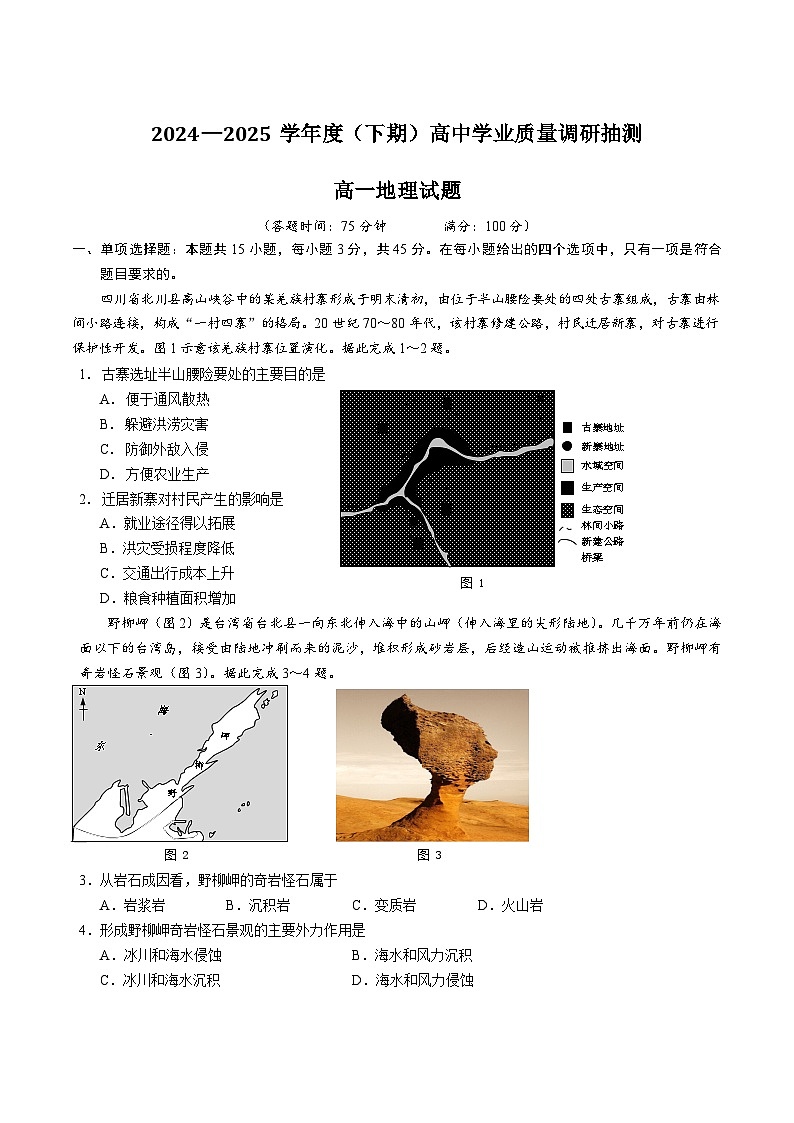 2025重庆九龙坡、渝中区等4地高一下学期期末考试地理含答案第1页