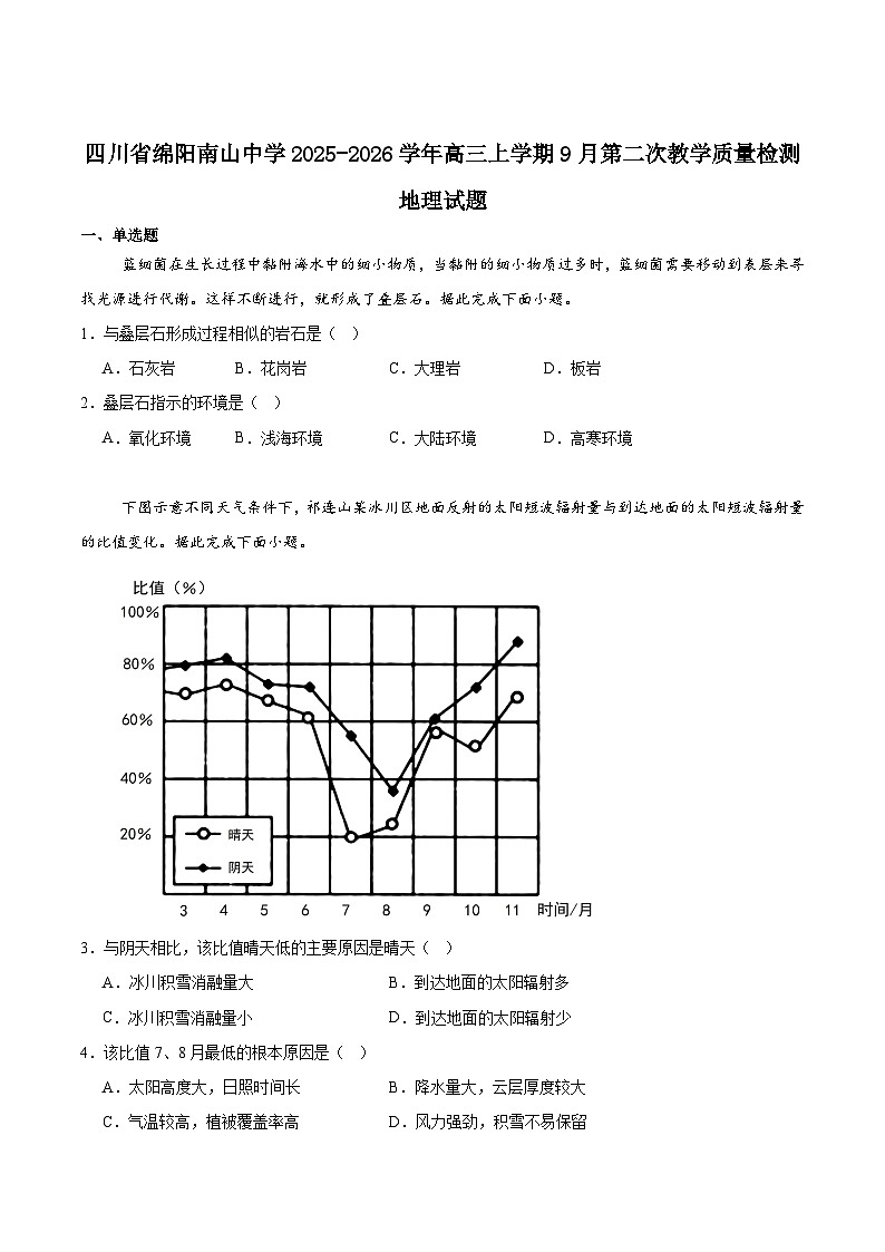 四川省绵阳南山中学2026届高三上学期9月第二次教学质量检测地理试卷（Word版附答案）第1页